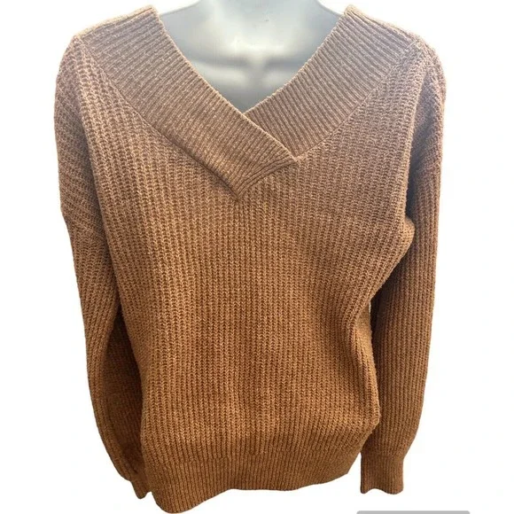 Pink Rose - Women's Brown Sweater Top Long Sleeve V-neck Loose Knit Size Medium - Picture 2 of 7